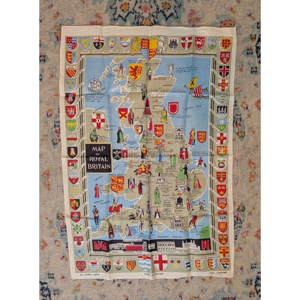 Vintage Mid Century Irish Linen Souvenir Tea Towel - Map‎ of Royal Britain